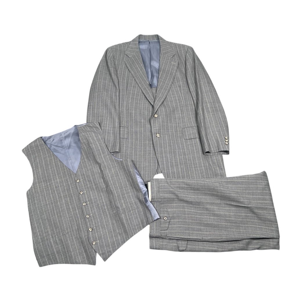 Stanley Blacker 1970s 3 Piece Suit Men Gray Pinstripe Wool Blazer 46R 43X31